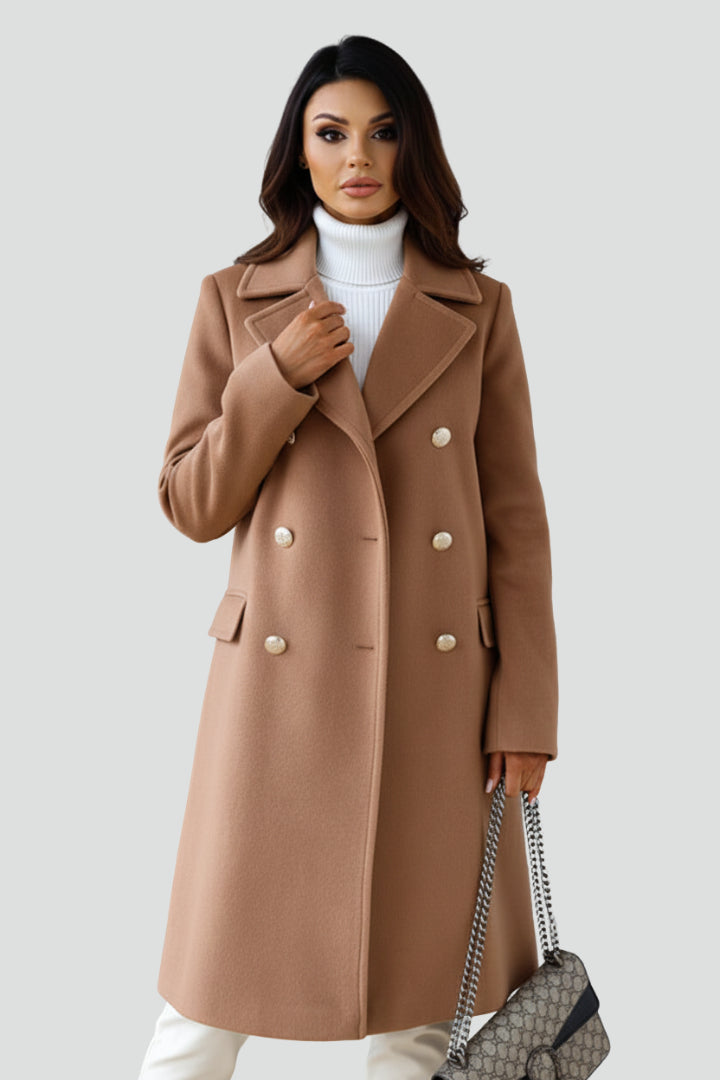 Zillaoura | Women's Casual Stretch Long Coat with Double Buttons and Notched Lapel Top — Camel
