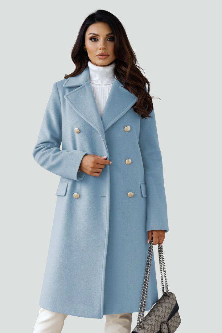Zillaoura | Women's Casual Stretch Long Coat with Double Buttons and Notched Lapel Top — Light Blue