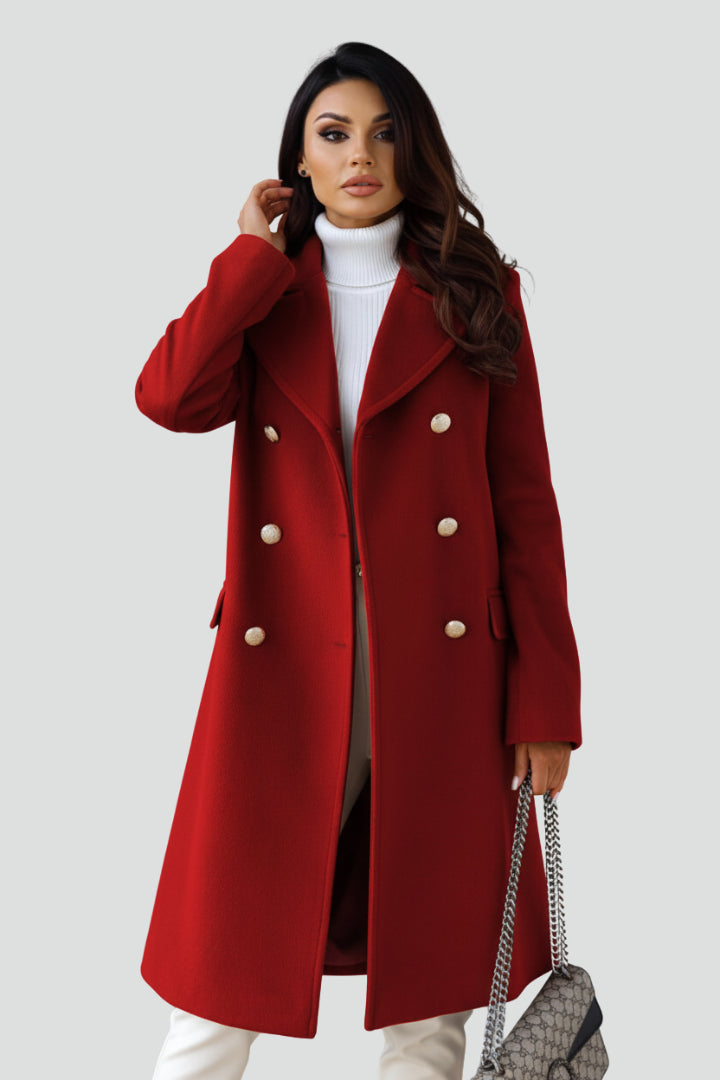 Zillaoura | Women's Casual Stretch Long Coat with Double Buttons and Notched Lapel Top — Red