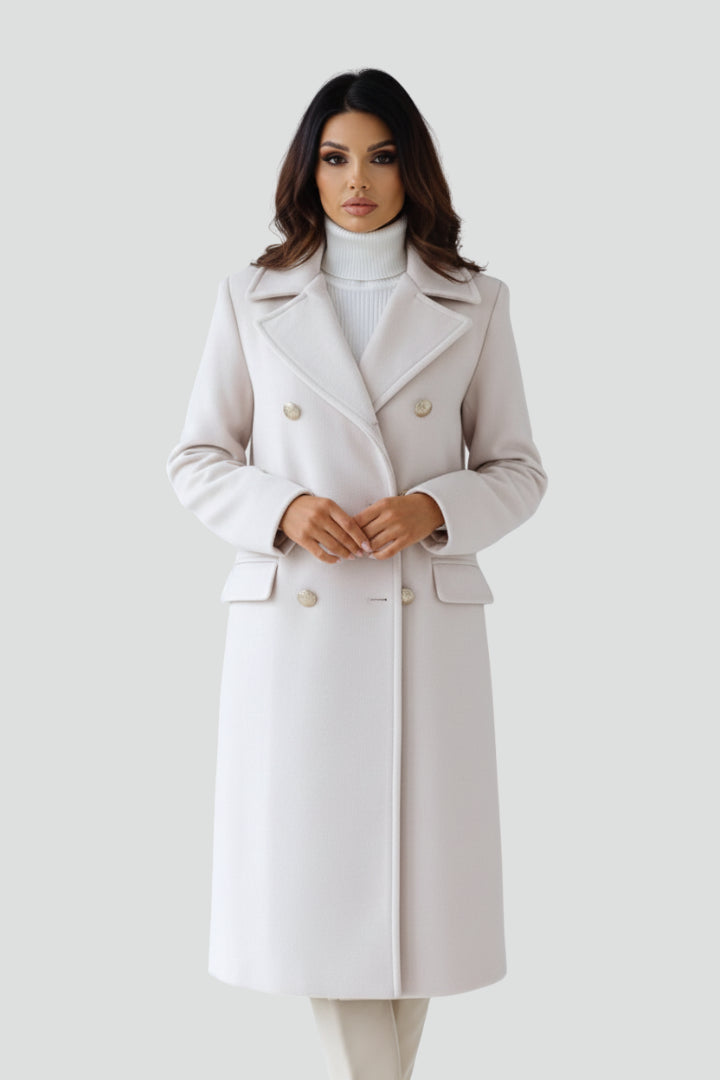 Zillaoura | Women's Casual Stretch Long Coat with Double Buttons and Notched Lapel Top — White