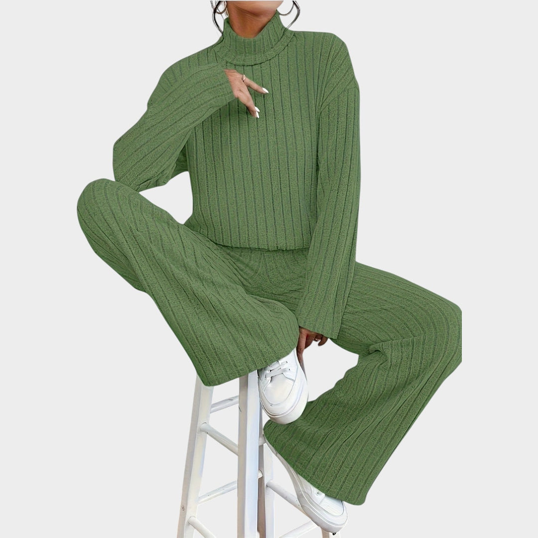 Zillastine | Women's Two-Piece Matching Set 2 Piece Casual Knit Mock Neck Wide Leg Pants — Army Green
