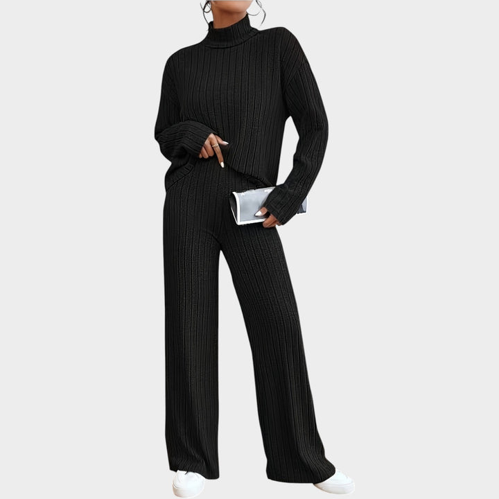 Zillastine | Women's Two-Piece Matching Set 2 Piece Casual Knit Mock Neck Wide Leg Pants — 1