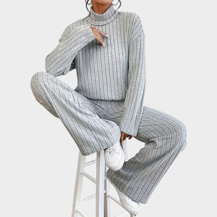 Zillastine | Women's Two-Piece Matching Set 2 Piece Casual Knit Mock Neck Wide Leg Pants — 2