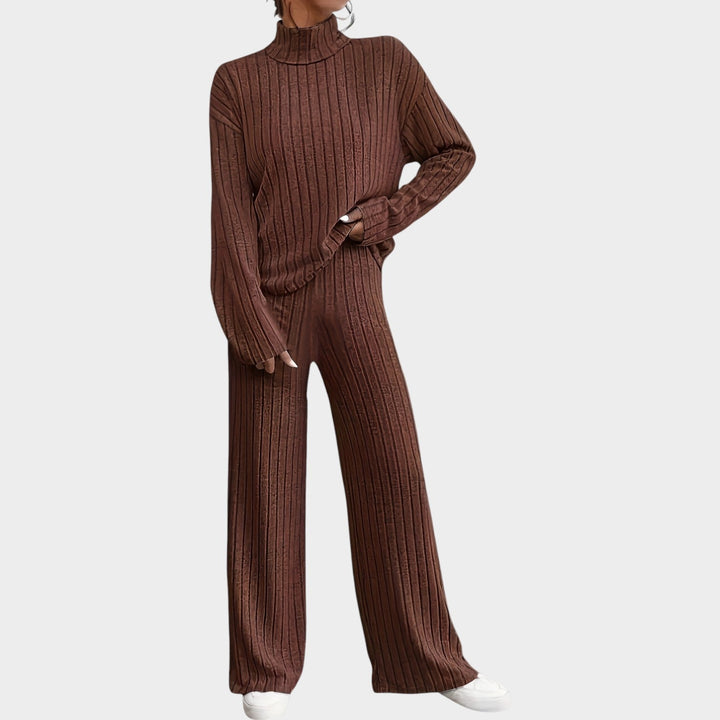 Zillastine | Women's Two-Piece Matching Set 2 Piece Casual Knit Mock Neck Wide Leg Pants — Coffee Brown
