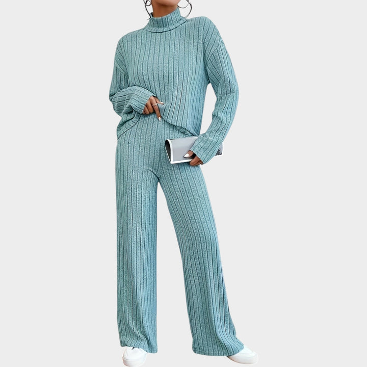 Zillastine | Women's Two-Piece Matching Set 2 Piece Casual Knit Mock Neck Wide Leg Pants — Peacock Blue