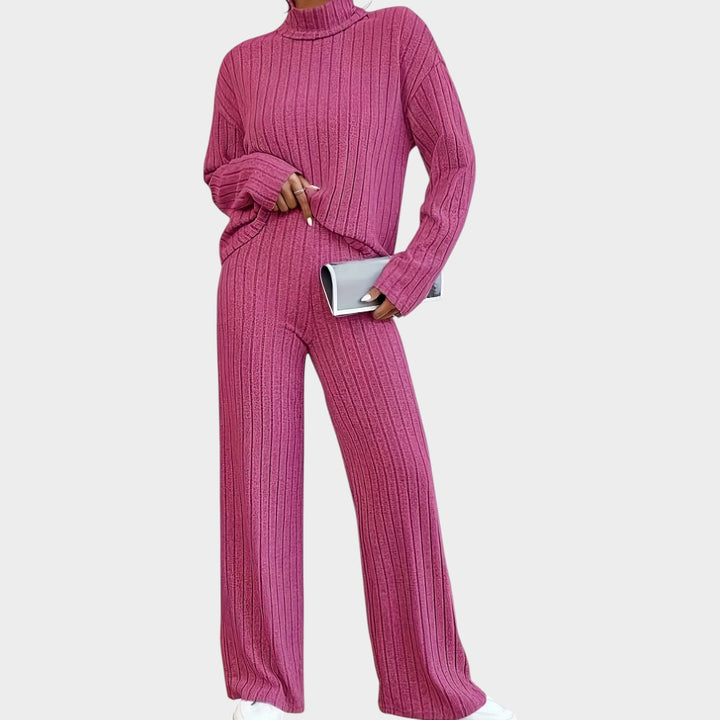 Zillastine | Women's Two-Piece Matching Set 2 Piece Casual Knit Mock Neck Wide Leg Pants — Pink