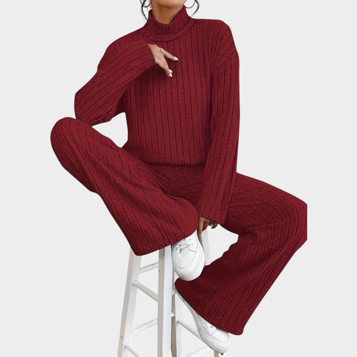 Zillastine | Women's Two-Piece Matching Set 2 Piece Casual Knit Mock Neck Wide Leg Pants — Red