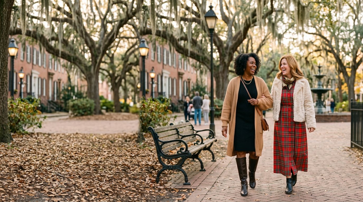 Two friends in fall dresses and coats walking through a Savannah square