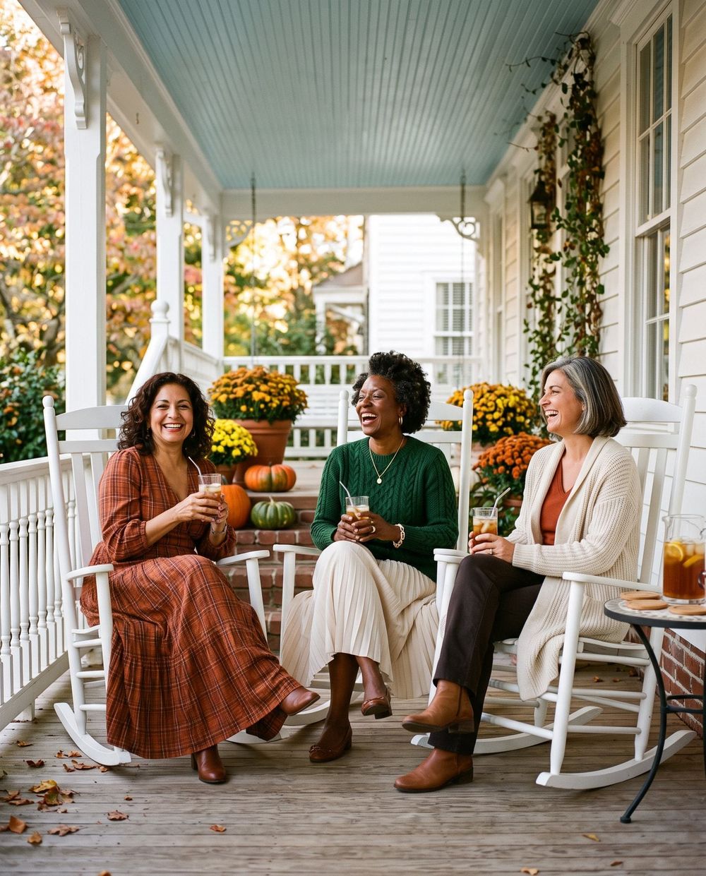 Three friends relaxing on a Southern porch in fall